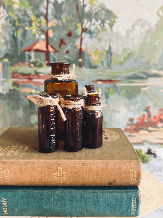 Set of 5 Vintage Brown Amber Glass Bottles
