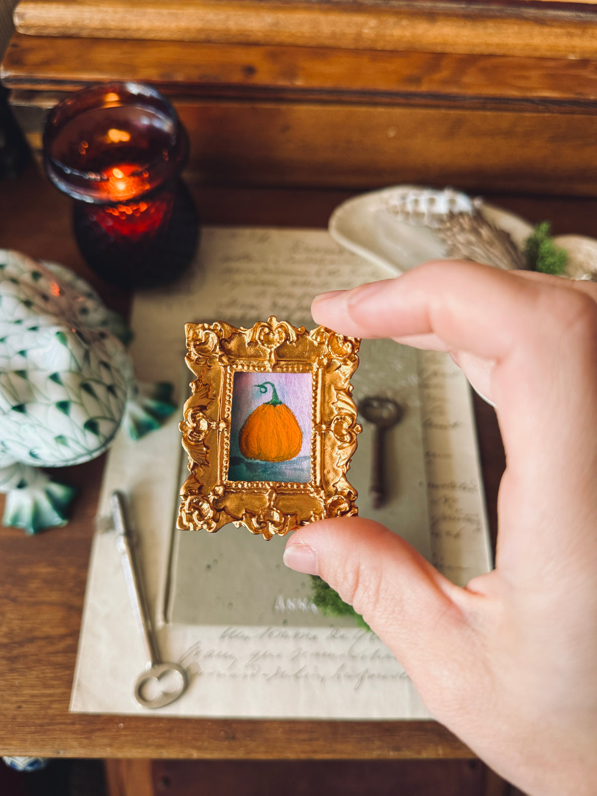 Mini pumpkin portrait in rectangular gold resin frame