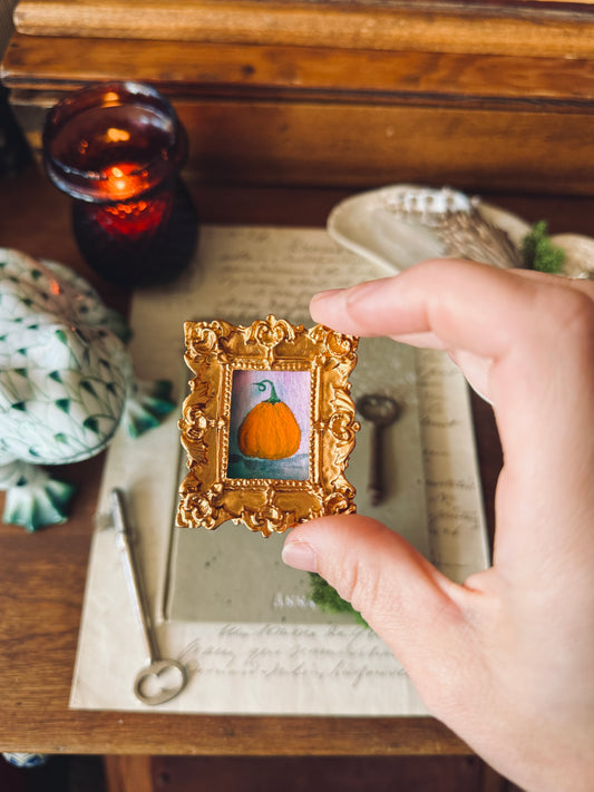 Mini pumpkin portrait in rectangular gold resin frame