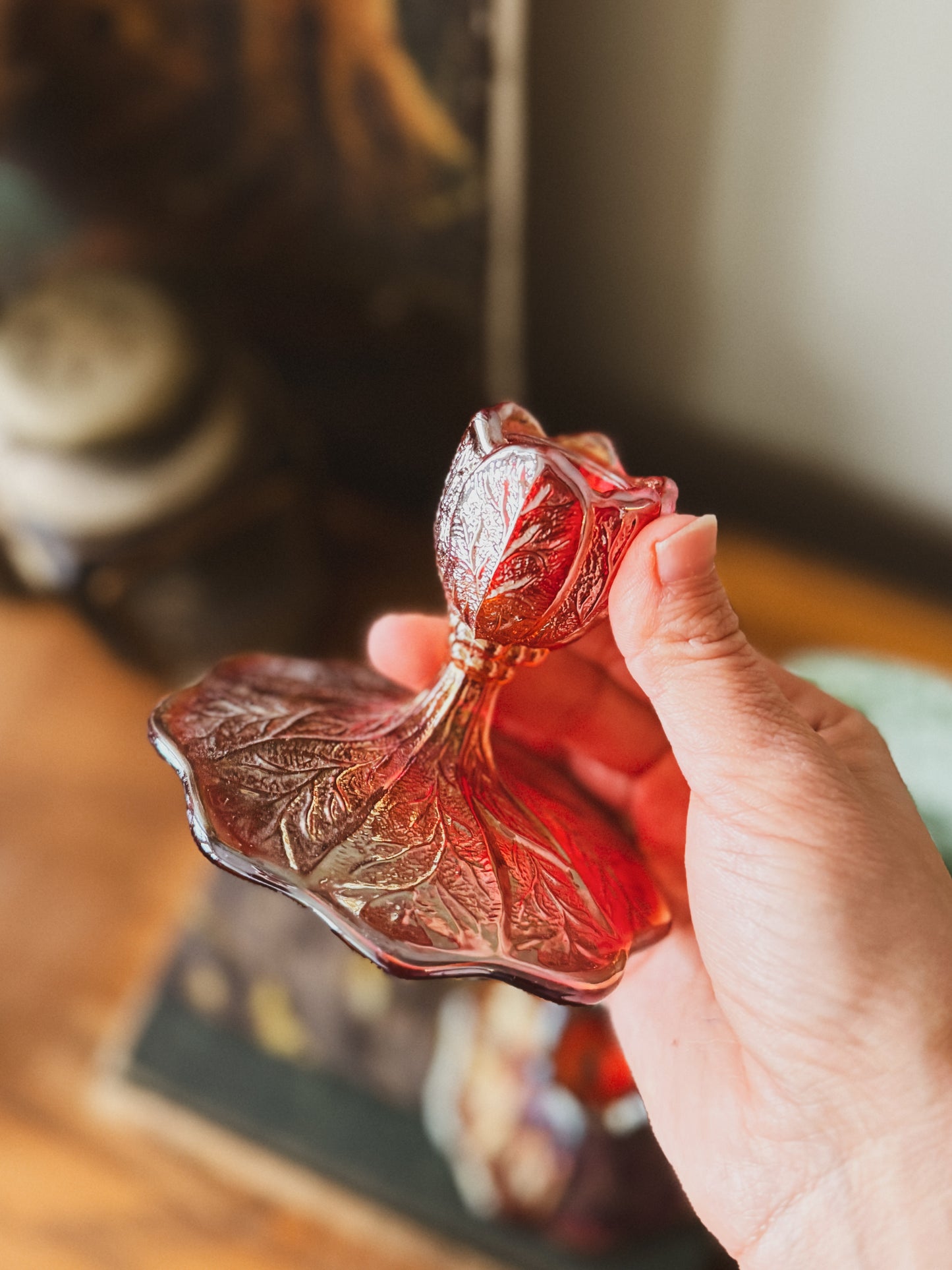 Ruby red imperial glass acanthus leaf candle holder