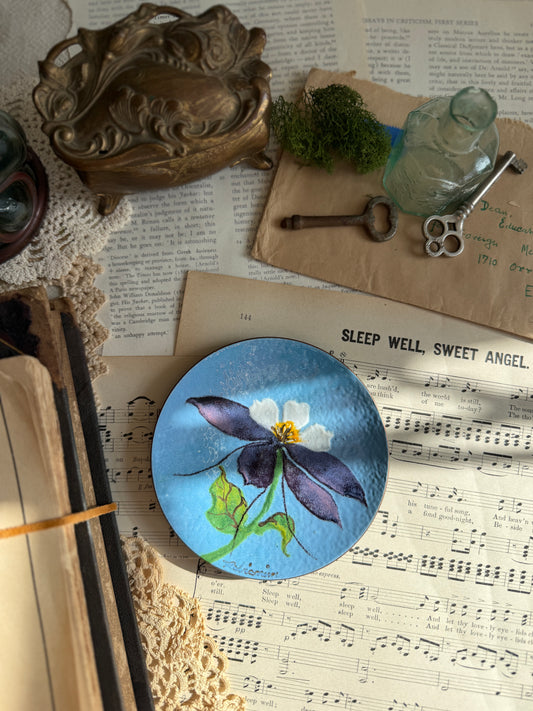 Vintage enamel over copper trinket dish with columbine flower