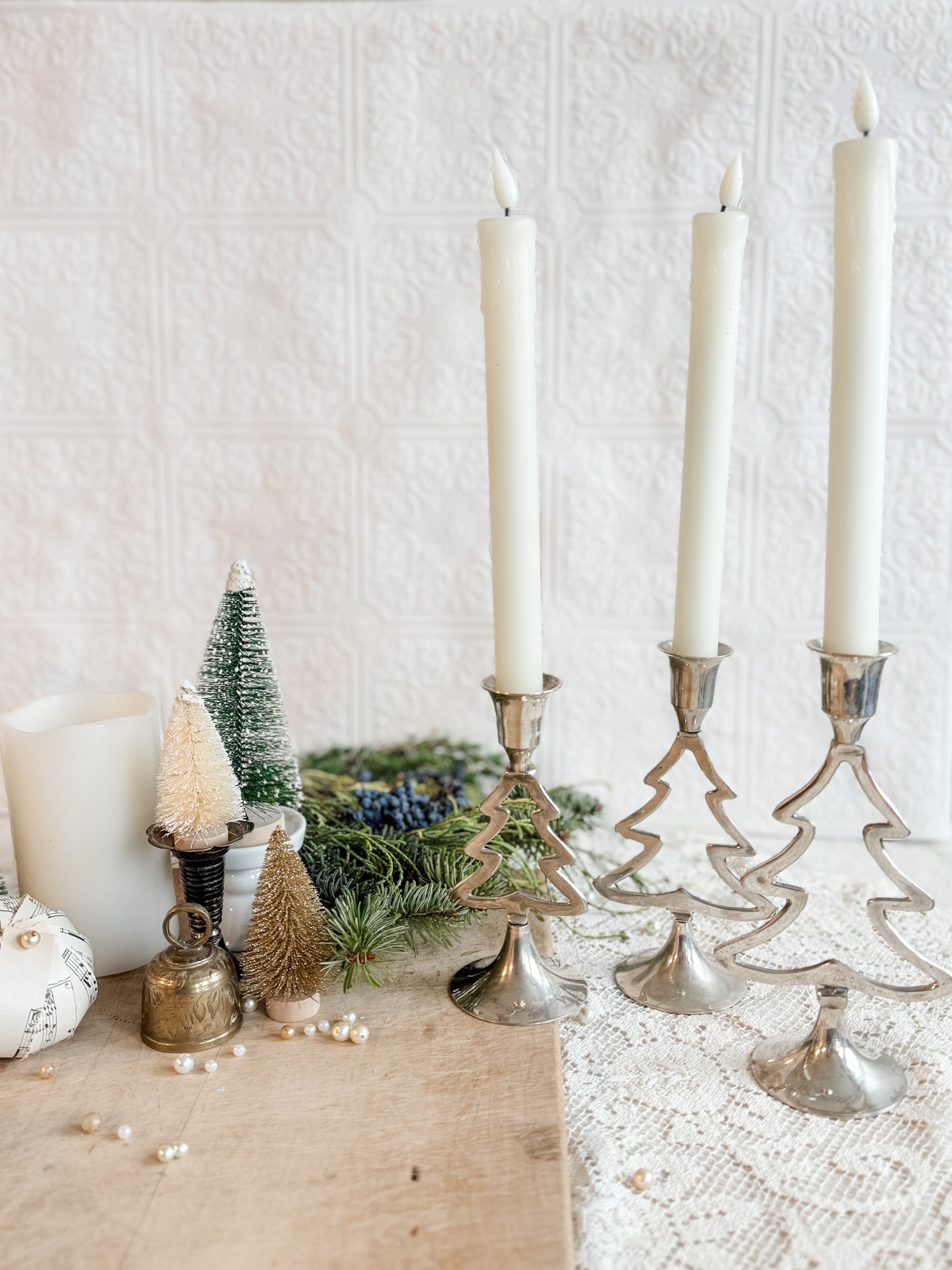 Set of 3 of silver plated tree shaped candle holders