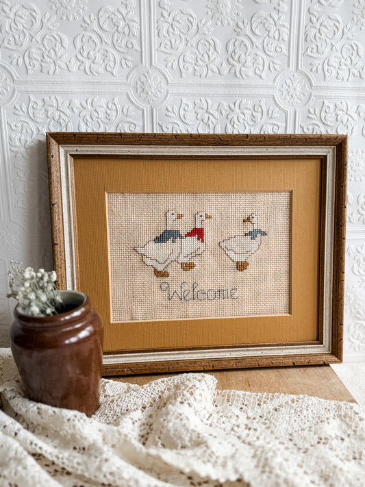 Handmade Cross stitched Welcome Goose Sign