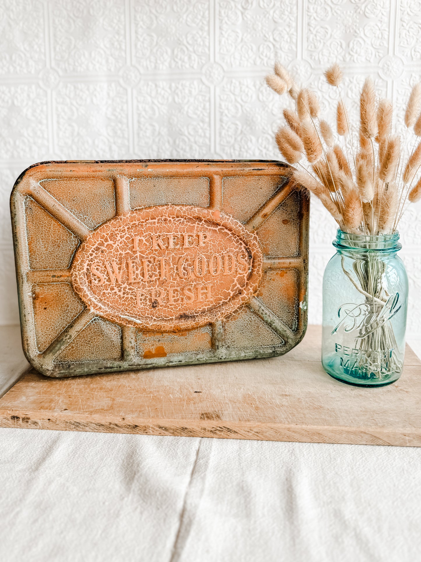 Vintage Rusty and Chippy Green and Orange Metal Bread Tin