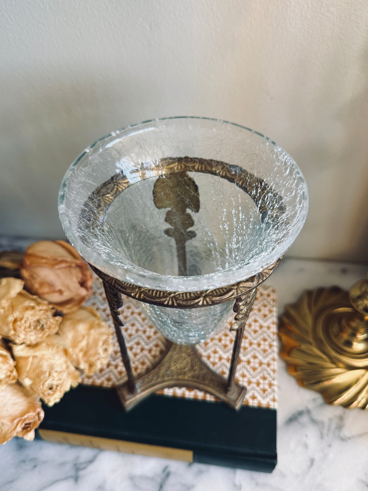 Crackle glass vase in Hollywood regency style brass holder