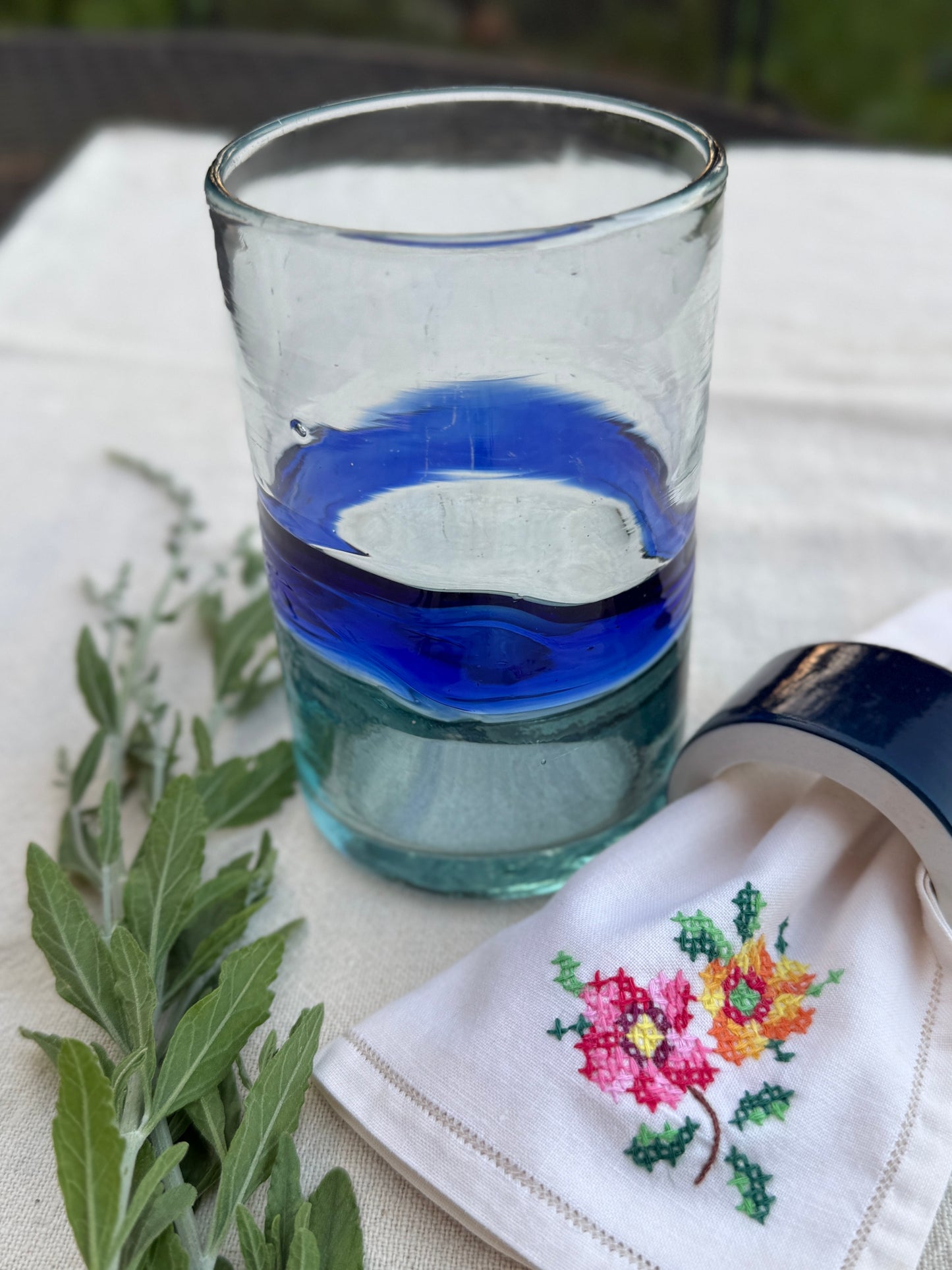 Set of 4 Hand blown Mexican glasses with Blue accent