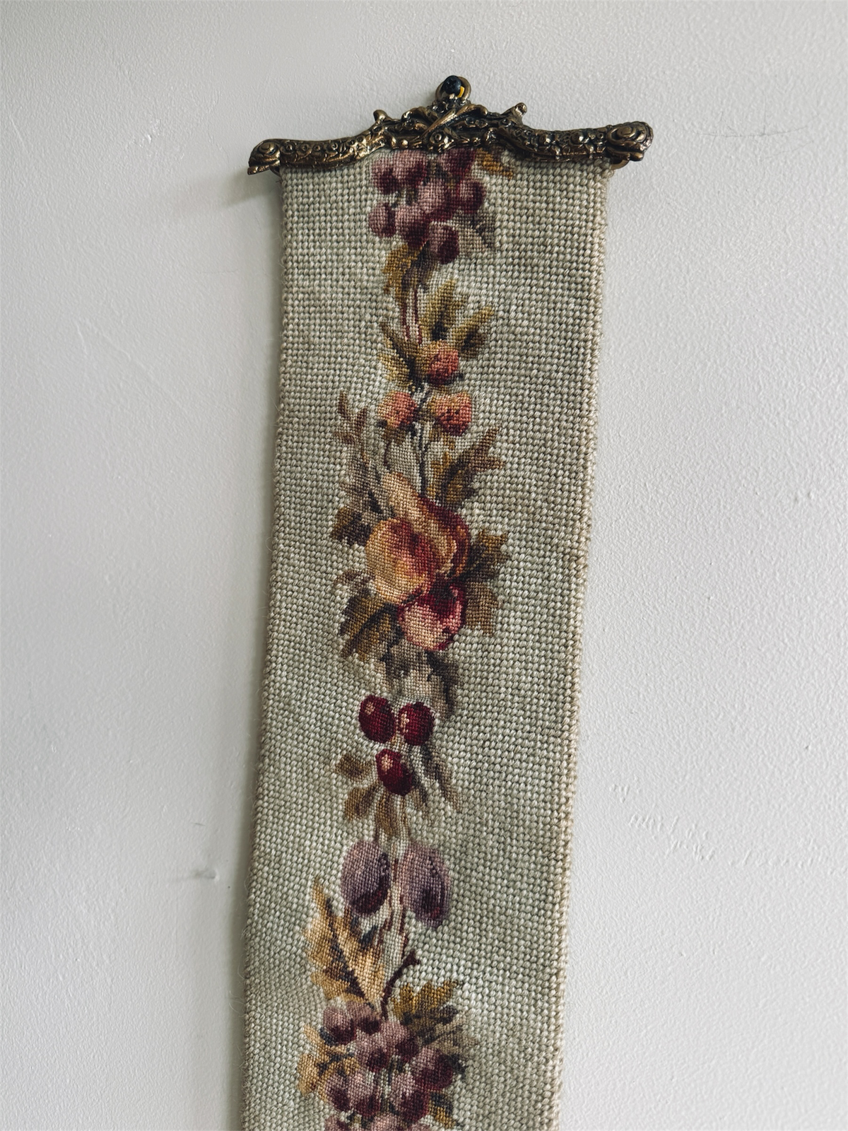 Large wool needlepoint bell pull with fruits