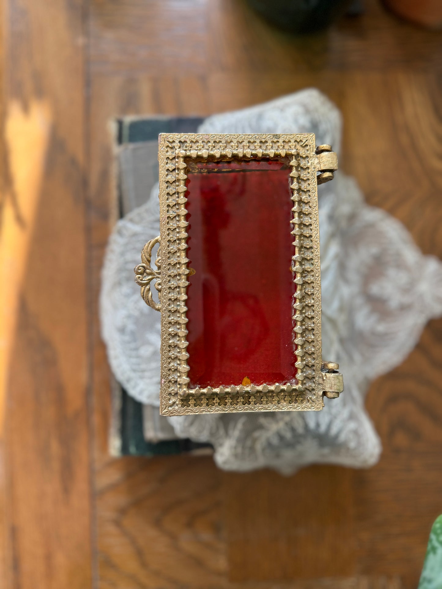 Vintage Ormolu Glass Jewelry Casket