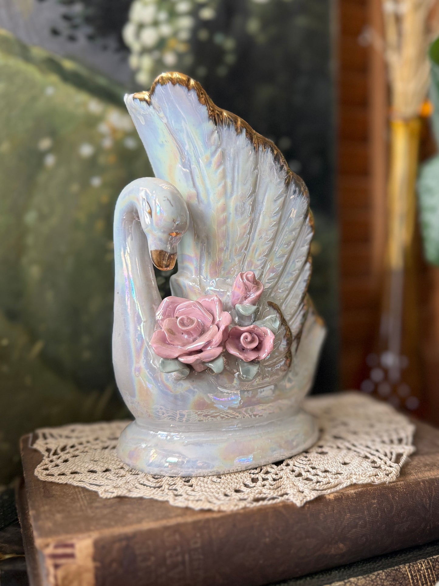 Pair of Lustreware swan vases