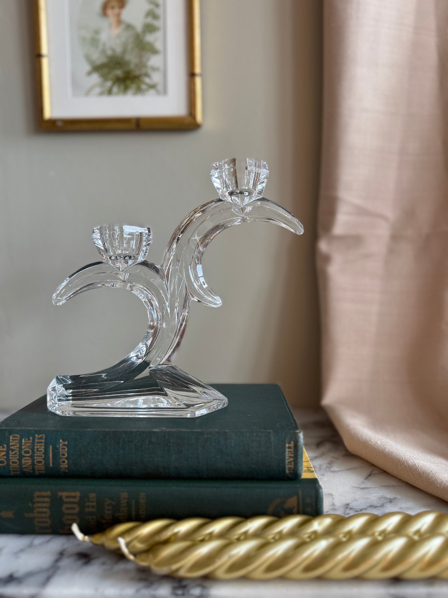 Pair of Leaded crystal double moon candle holders
