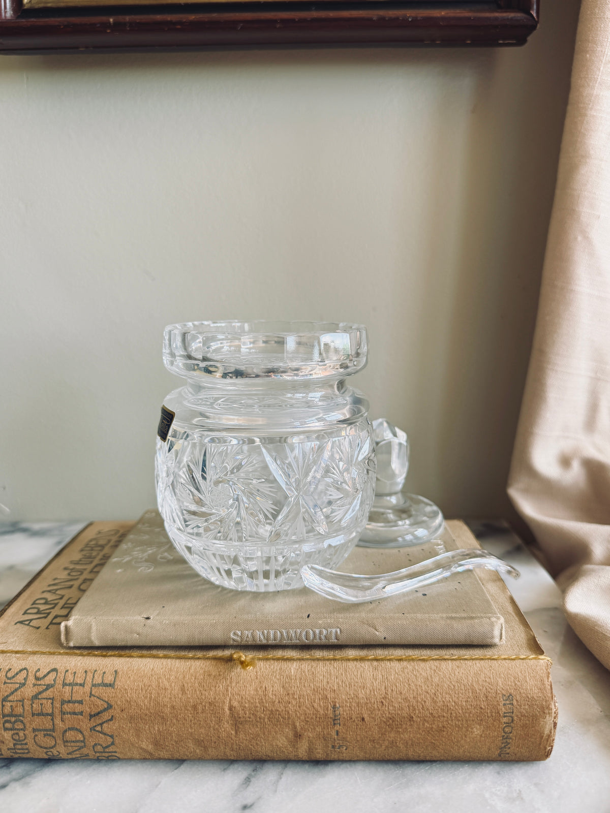 Lidded Crystal condiment jar with spoon