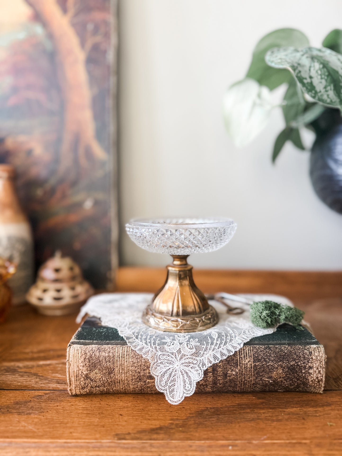 Vintage diamond point cut glass compote with brass base