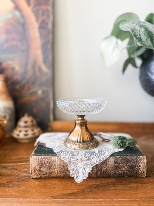 Vintage diamond point cut glass compote with brass base