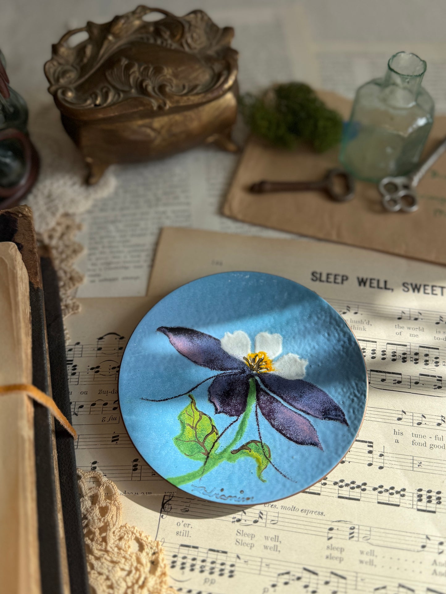 Vintage enamel over copper trinket dish with columbine flower