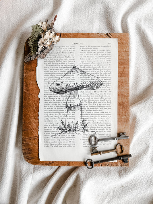 Original Illustrations in Ink on vintage book pages, Mushroom | Handmade Artisan Gift Boutique | Artwork