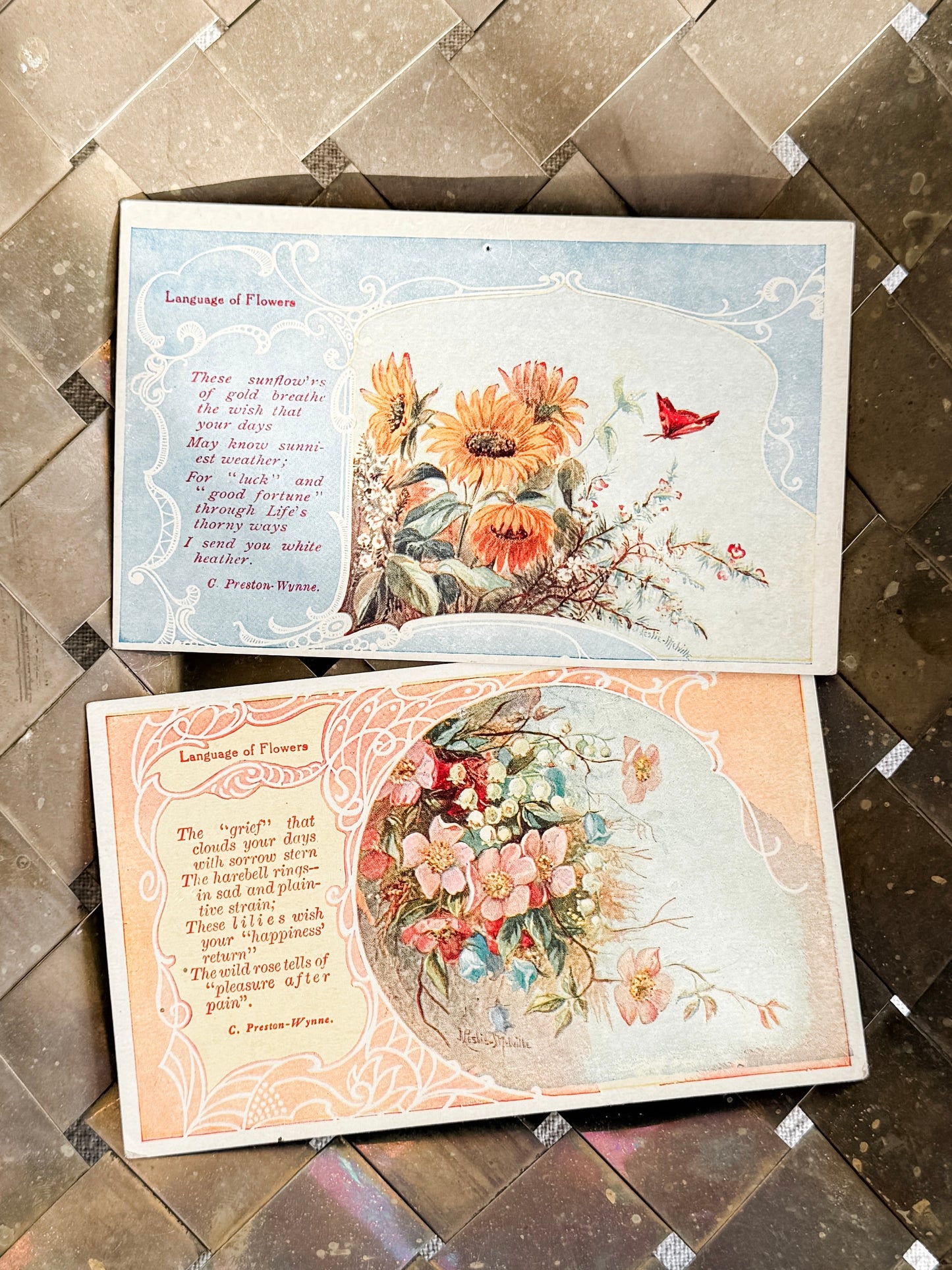 Set of 4 antique blank “Language of Flowers” floral postcards
