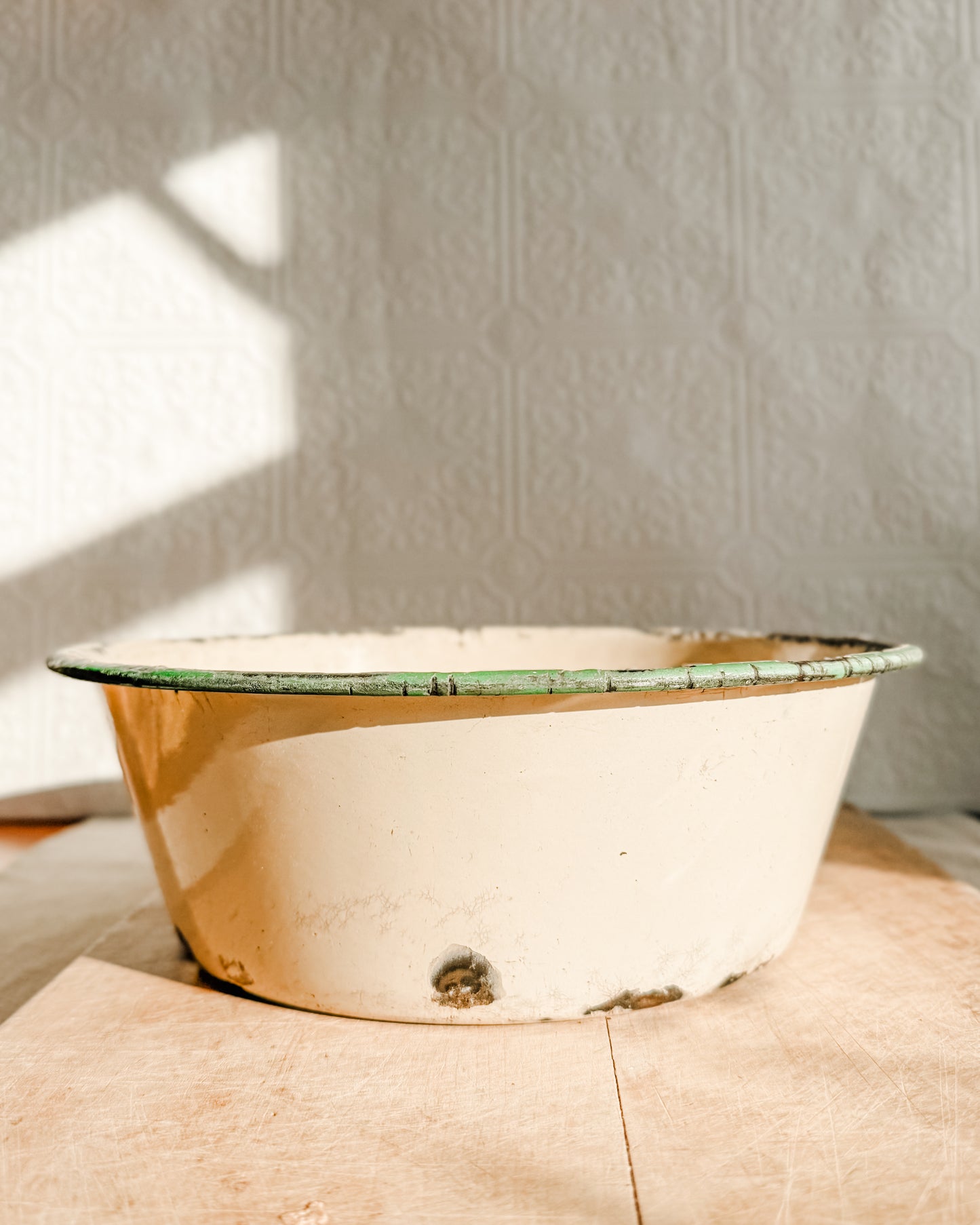 Medium Green Rimmed Tan Rusty and Chippy Enamelware dish