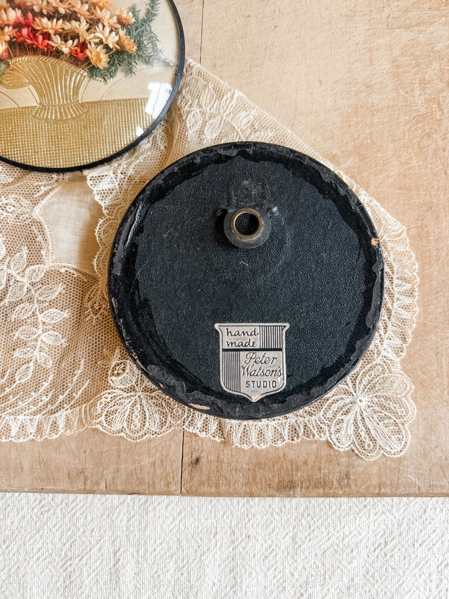 Pair of Vintage Dried Florals in a Round Convex Frame