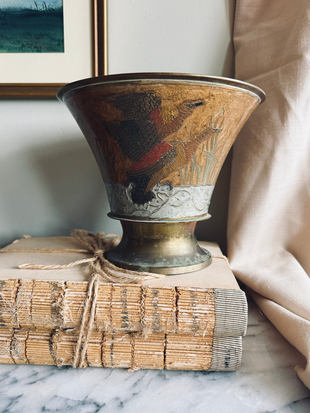 Large brass and enamel vessel with ducks
