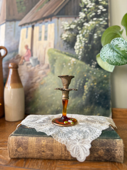 Small handpainted Amberina art nouveau style glass and brass candlestick holder