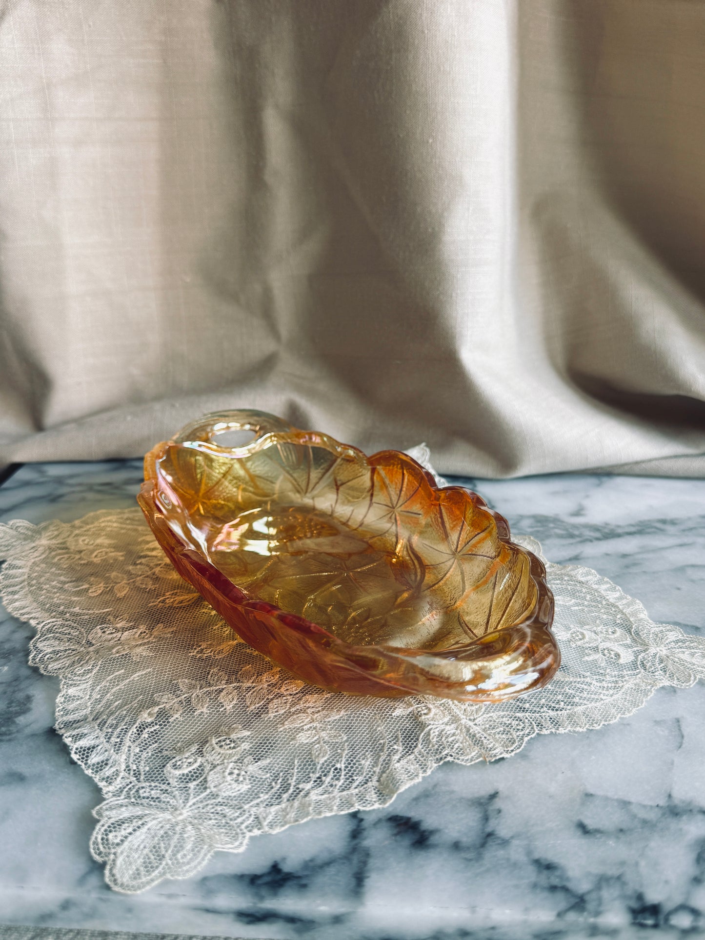 Indiana glass handled dish with florals