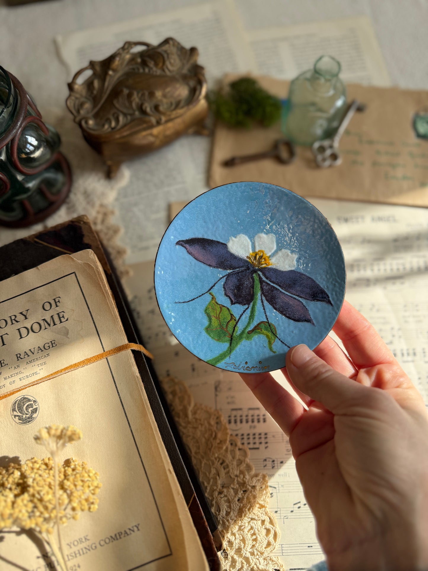 Vintage enamel over copper trinket dish with columbine flower