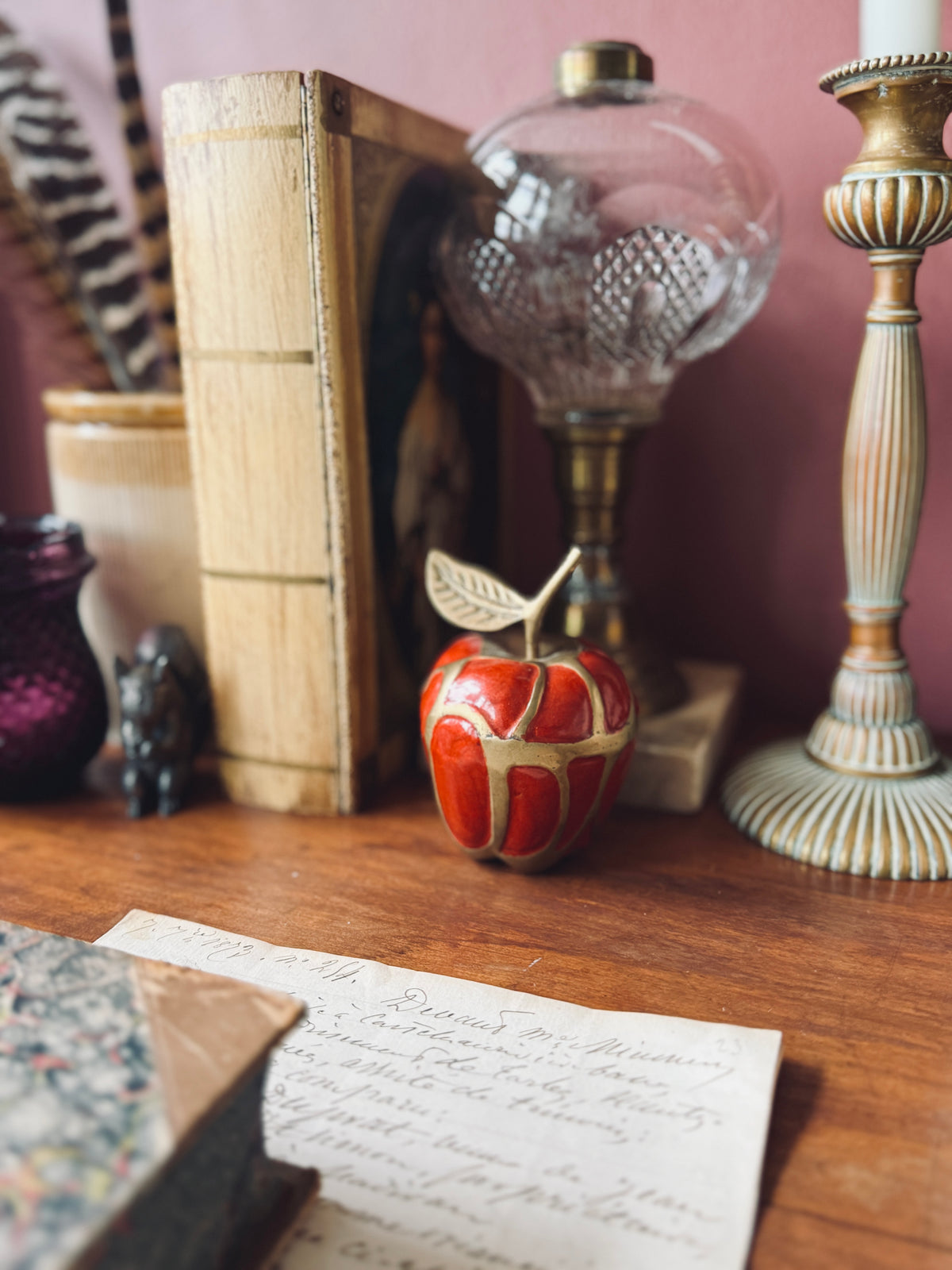 Brass and red enamel apple