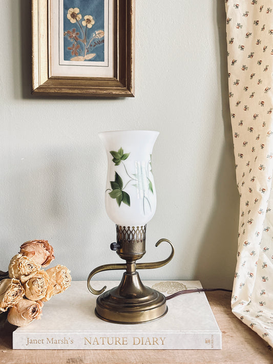 Brass lamp with handpainted milk glass globe