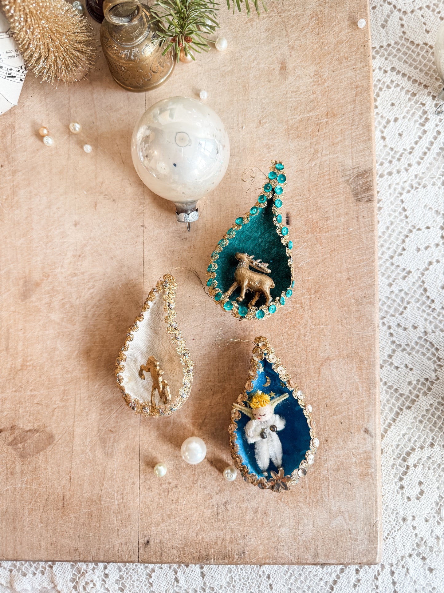 Set of 3 Vintage ornaments made out of milkweed pods