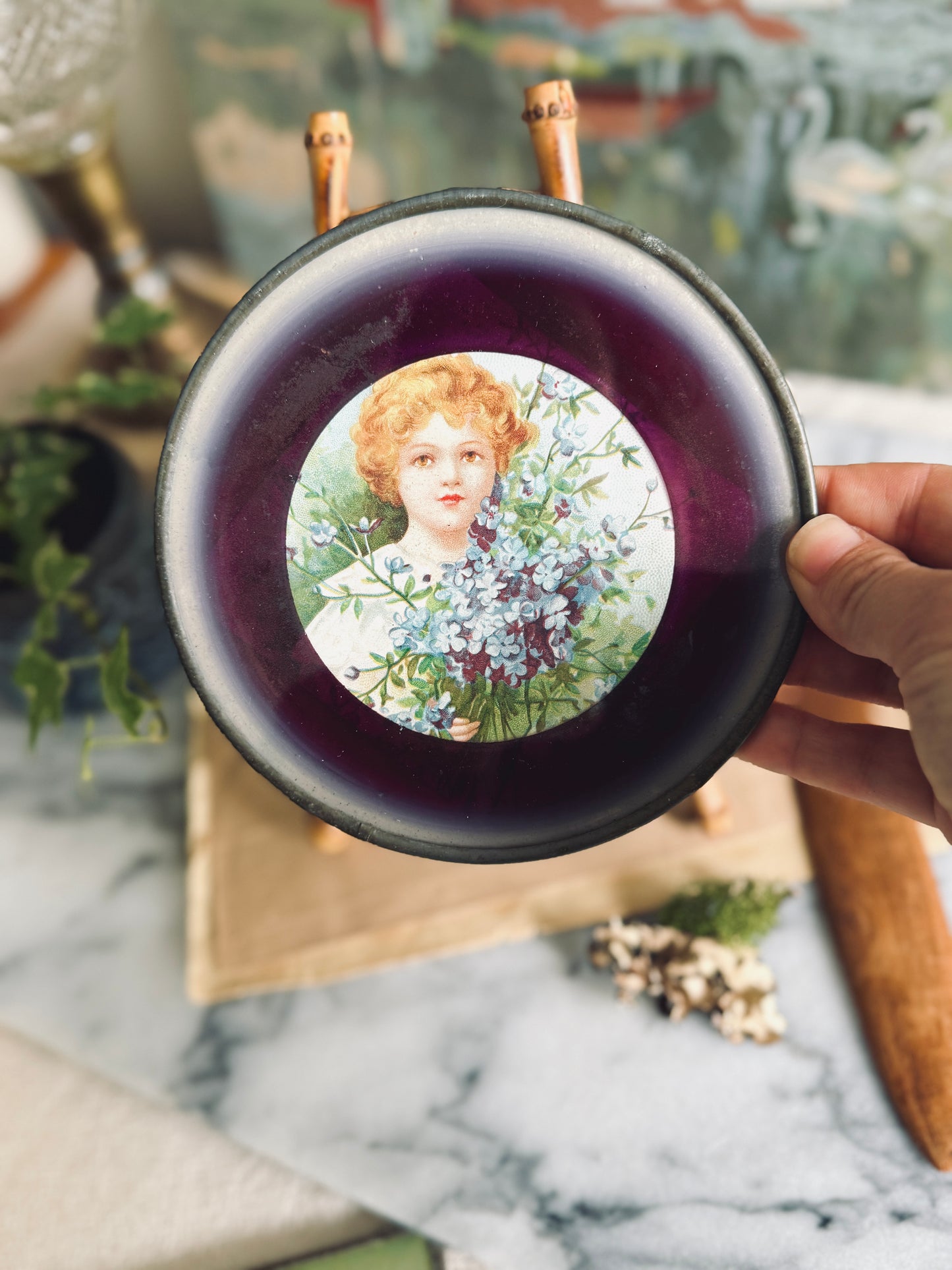 Small antique flue cover with portrait of a girl