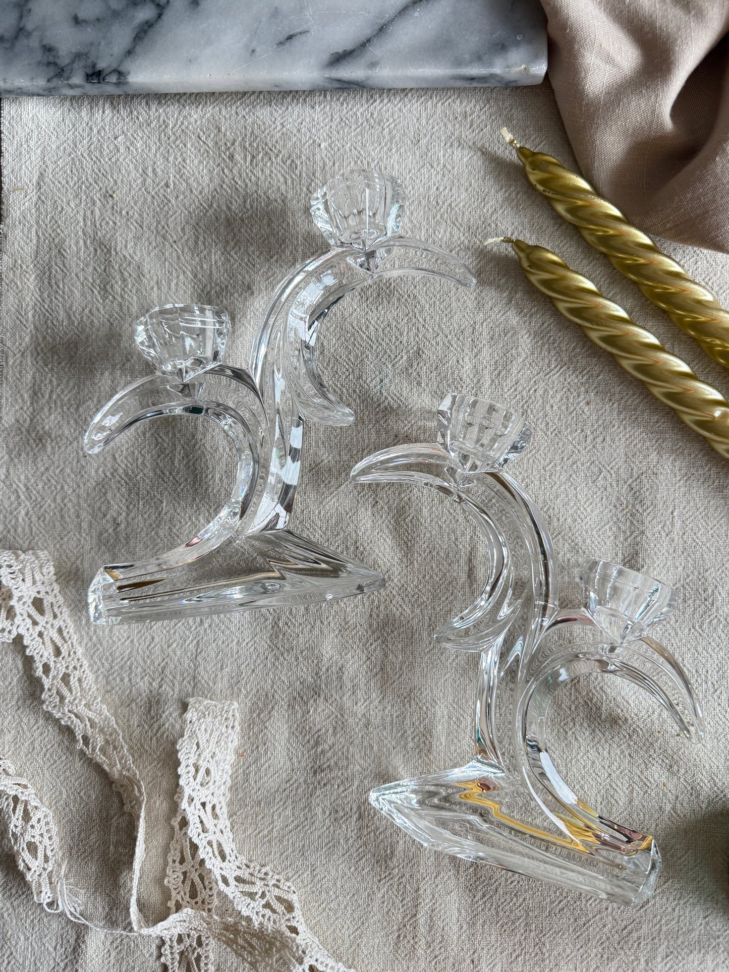 Pair of Leaded crystal double moon candle holders