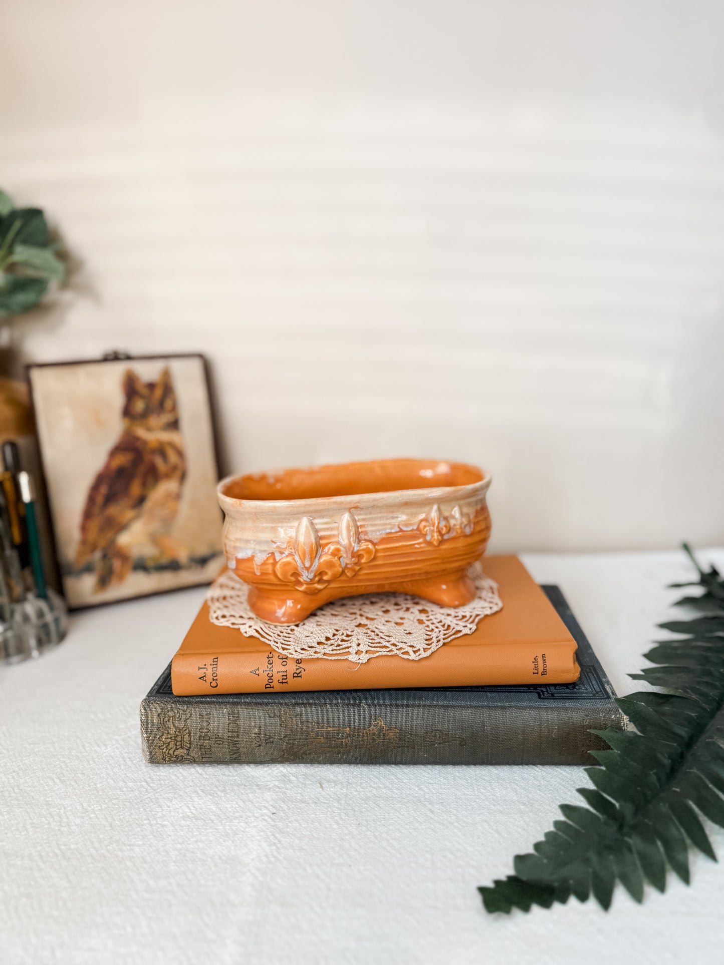 Orange drip glazed fleur de lis planter