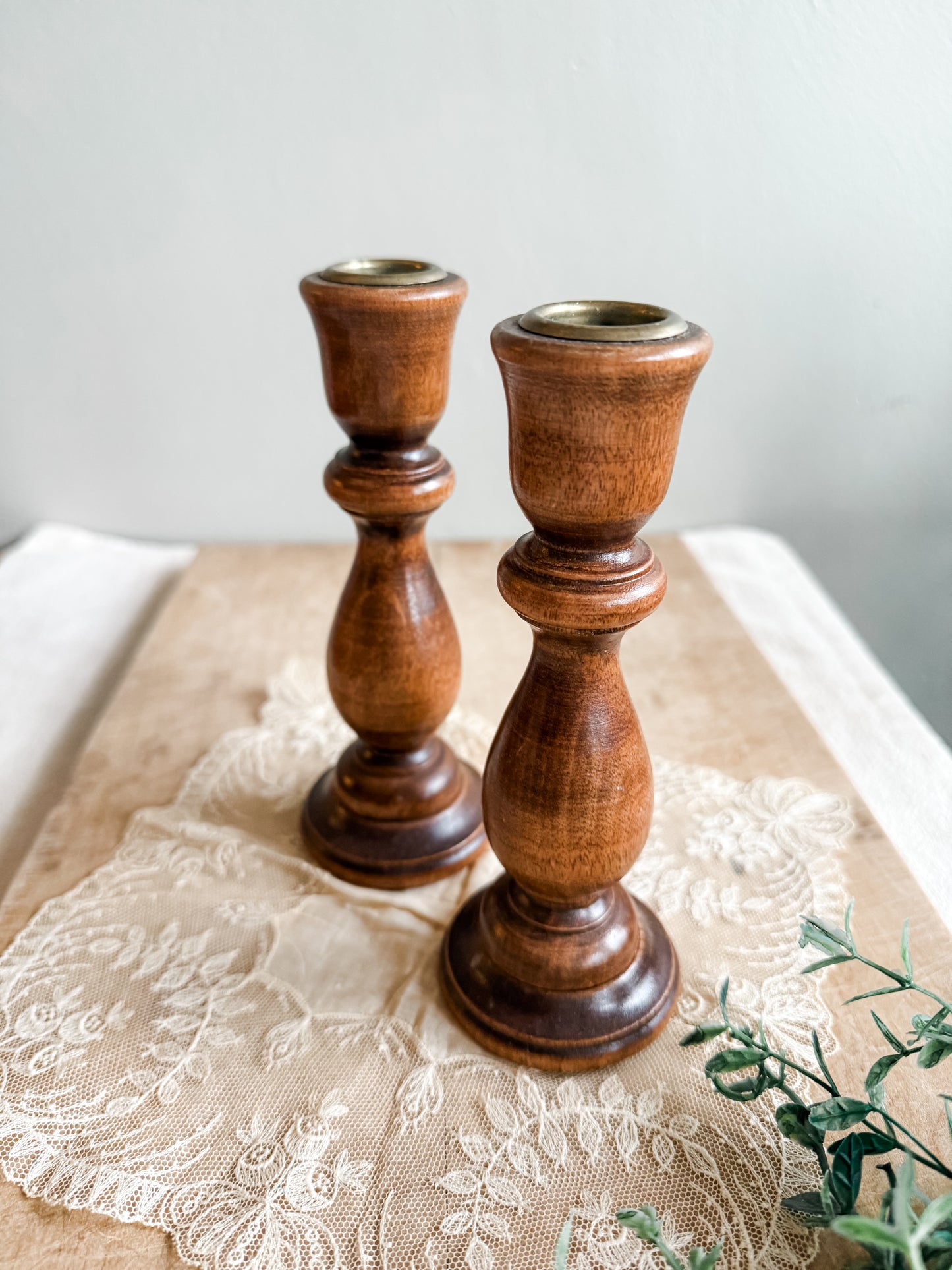 Mid Century Wooden Carved Brass Topped and Felted Candlestick Holders