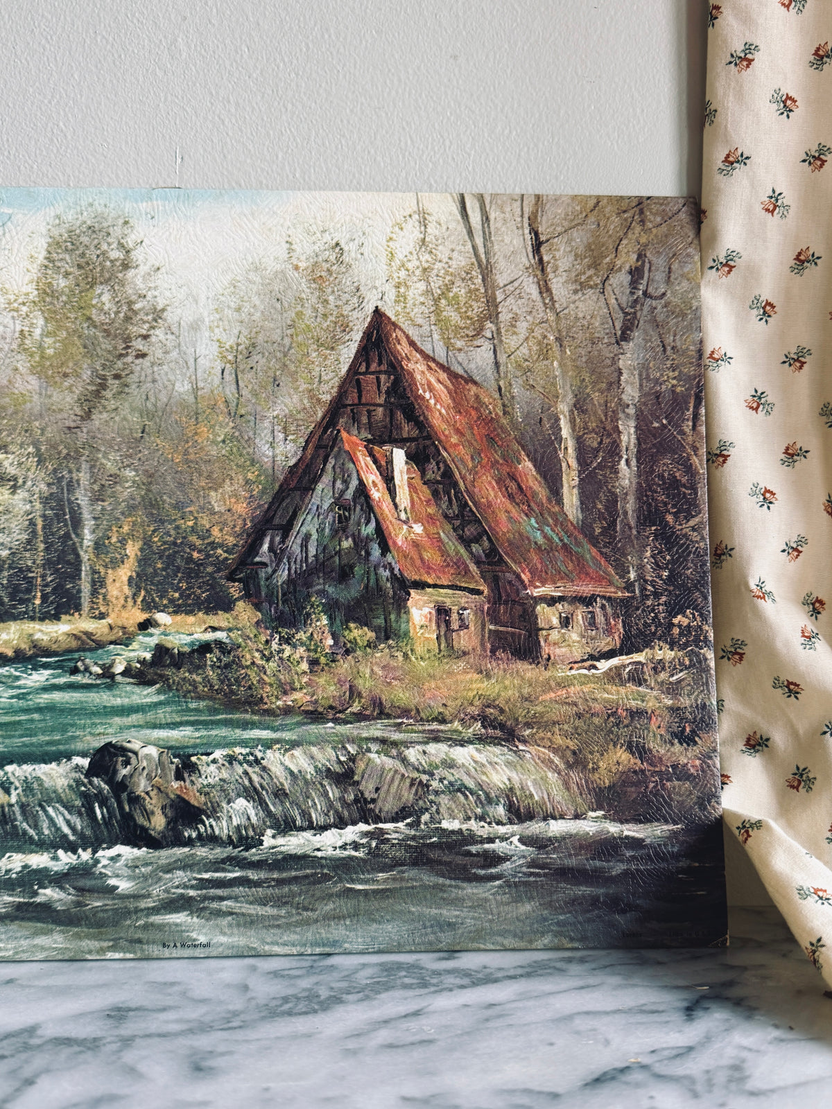 Vintage litho cottage print on board