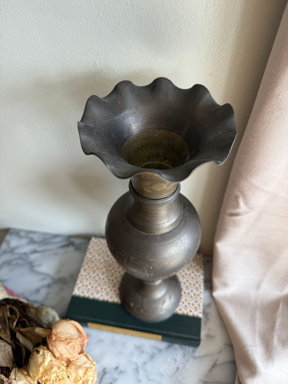 Extra large hand etched brass vase with scalloped edge