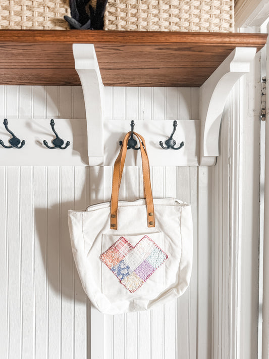 Repurposed Tote bag with hand embroidered antique quilt appliqué