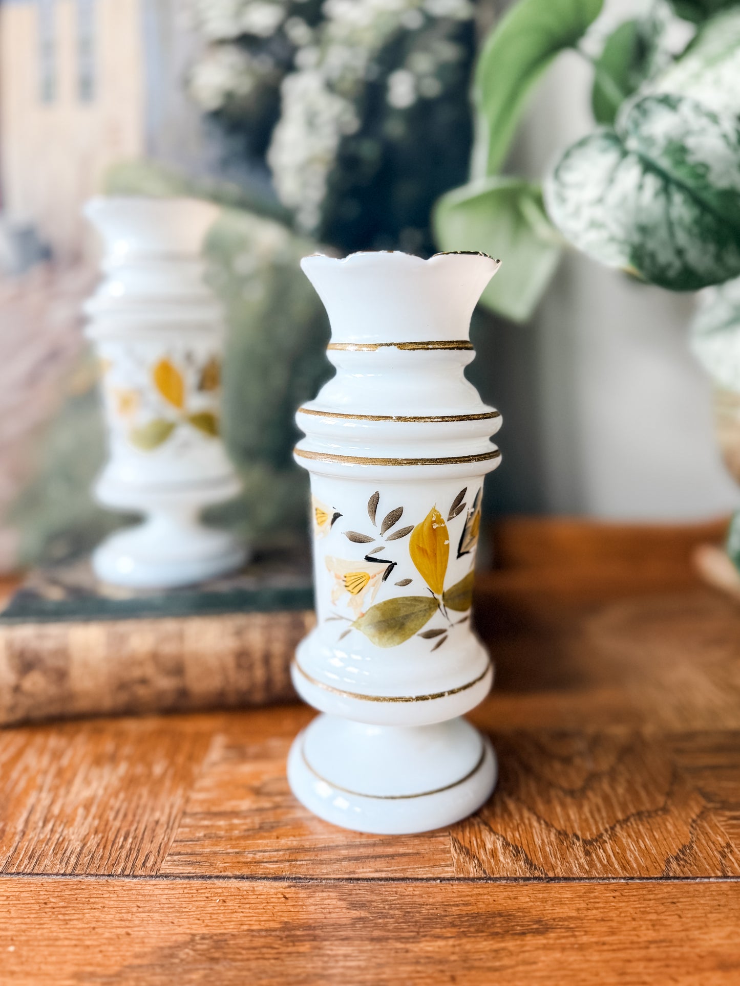 Pair of antique Bristol mantel vases with hand painted florals
