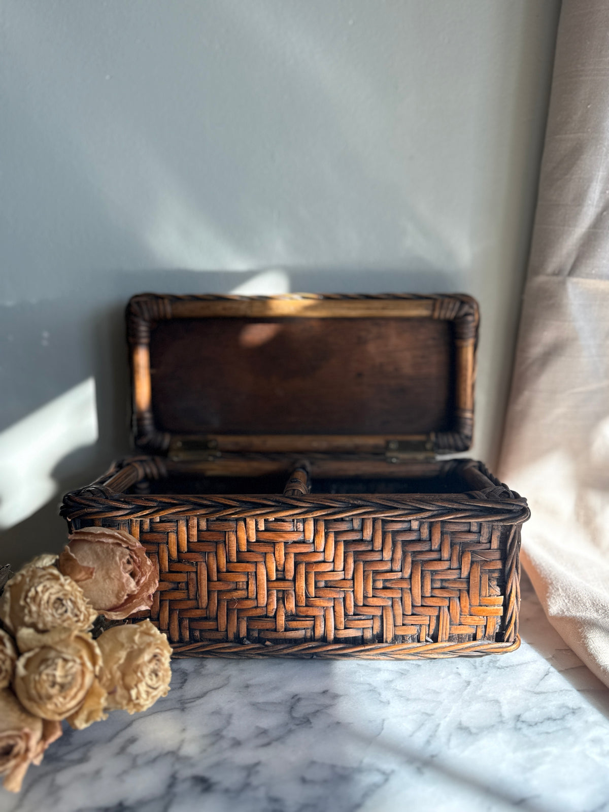 Vintage bamboo and rattan handwoven lidded basket