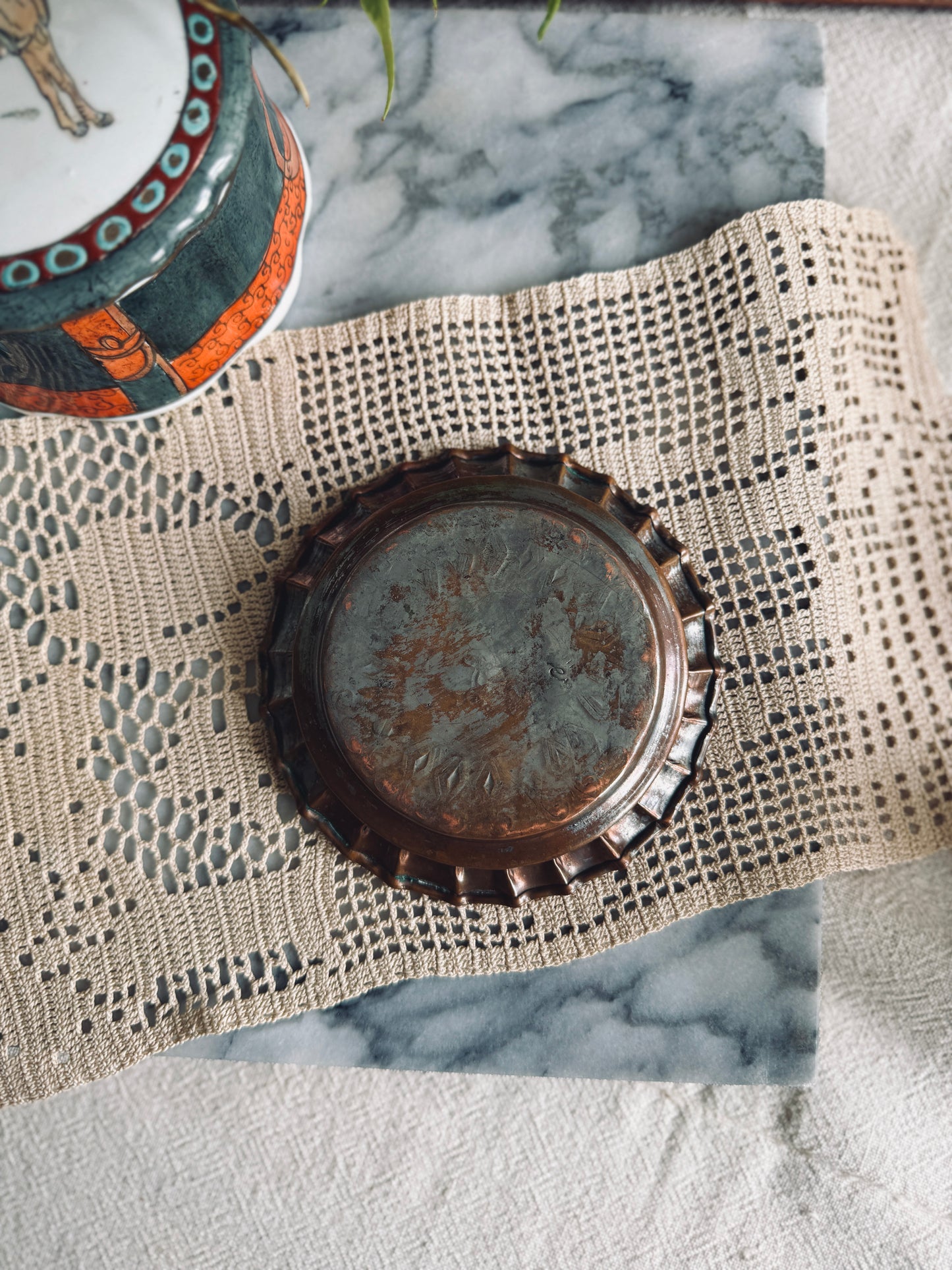 Copper planter and saucer with hand etched design