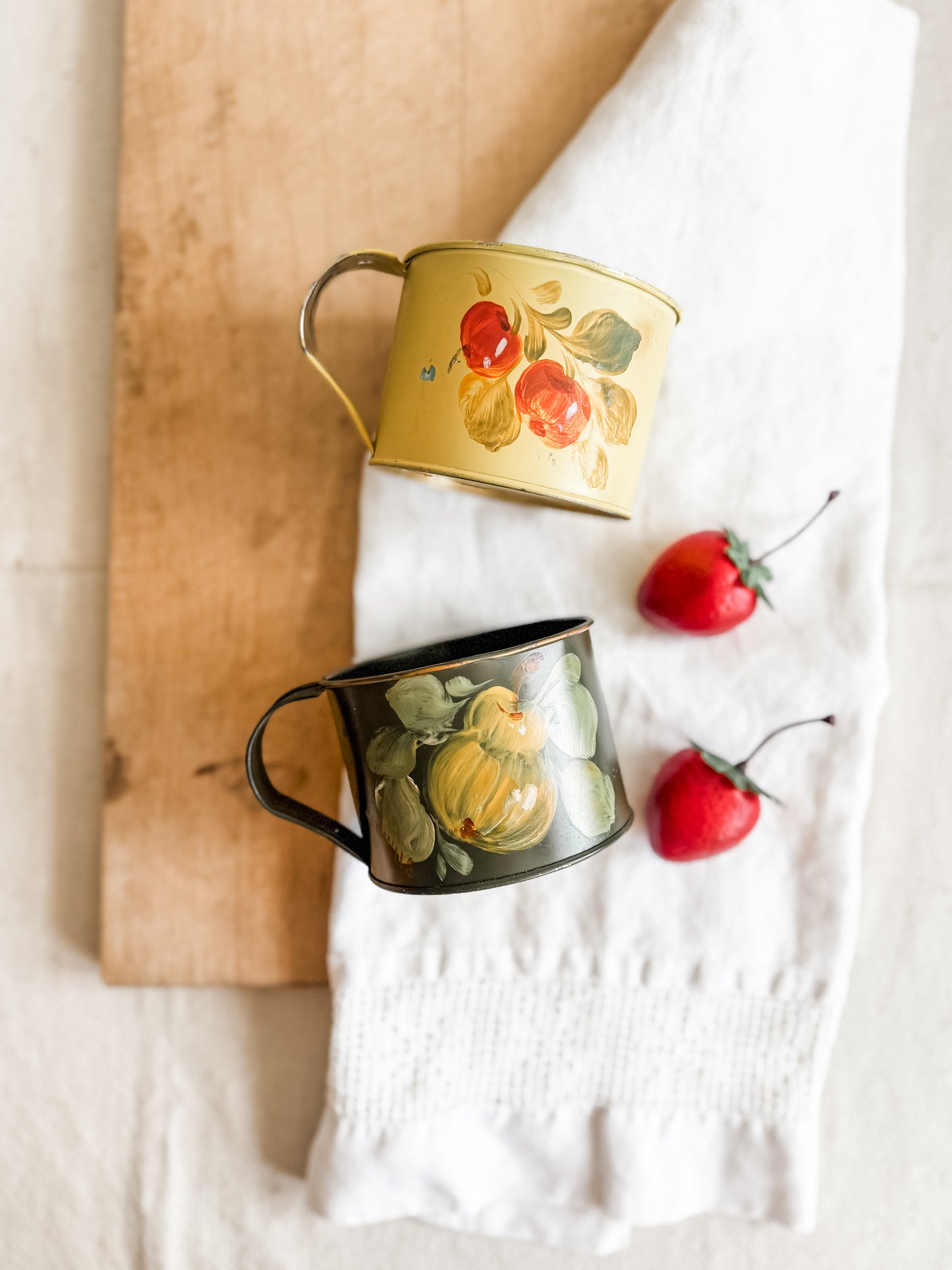 Hand painted Tole tin mugs