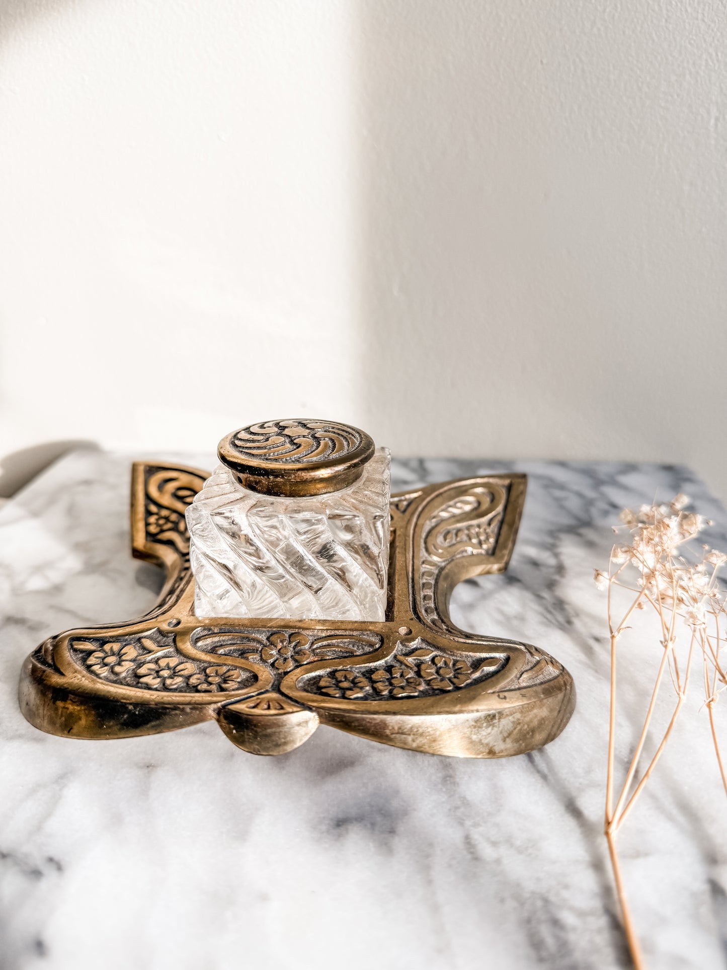 Art deco brass and glass Inkwell with rare floral design