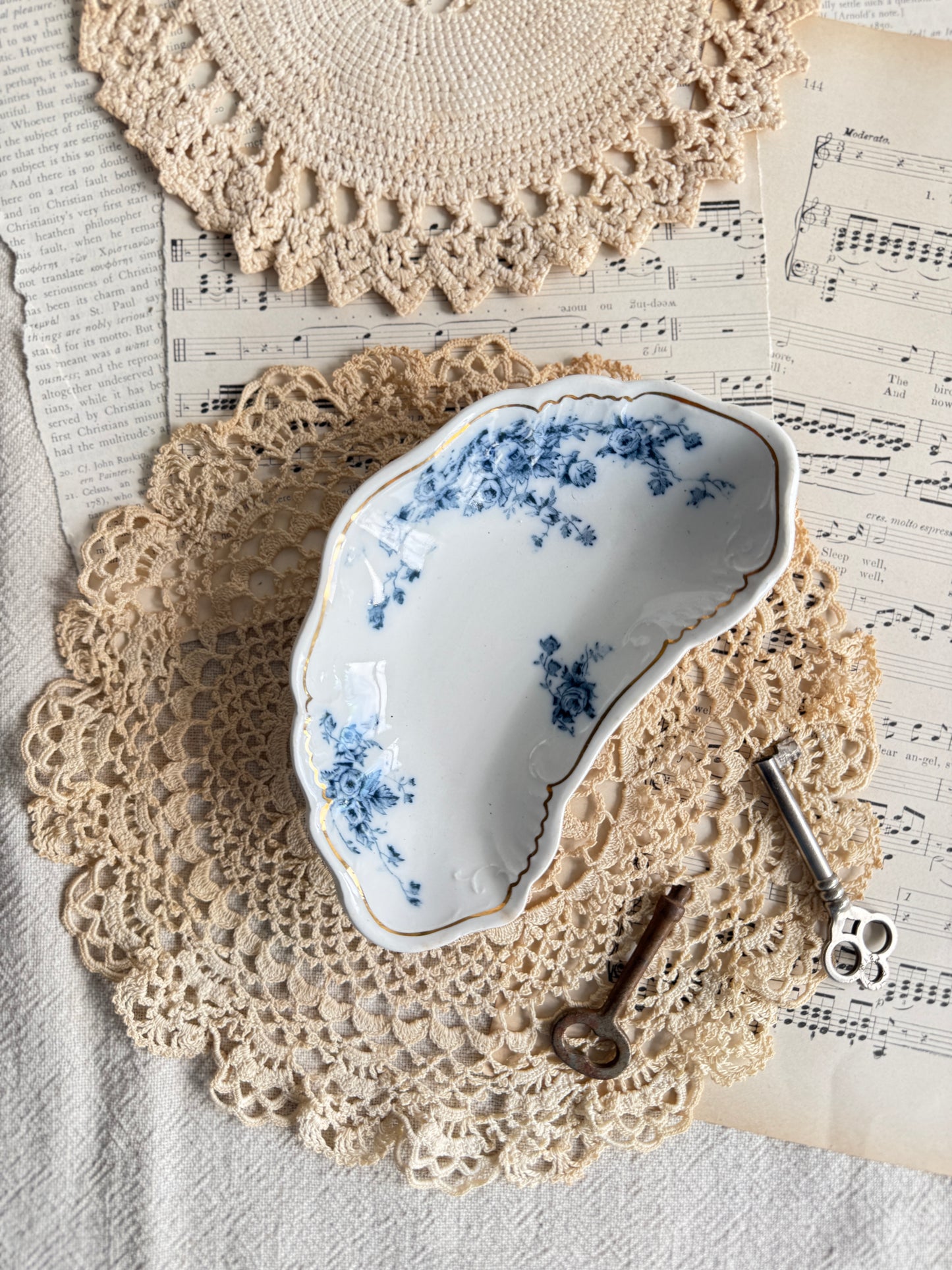 Antique W.H. Grindley "Rose" Flow Blue Bone Dish