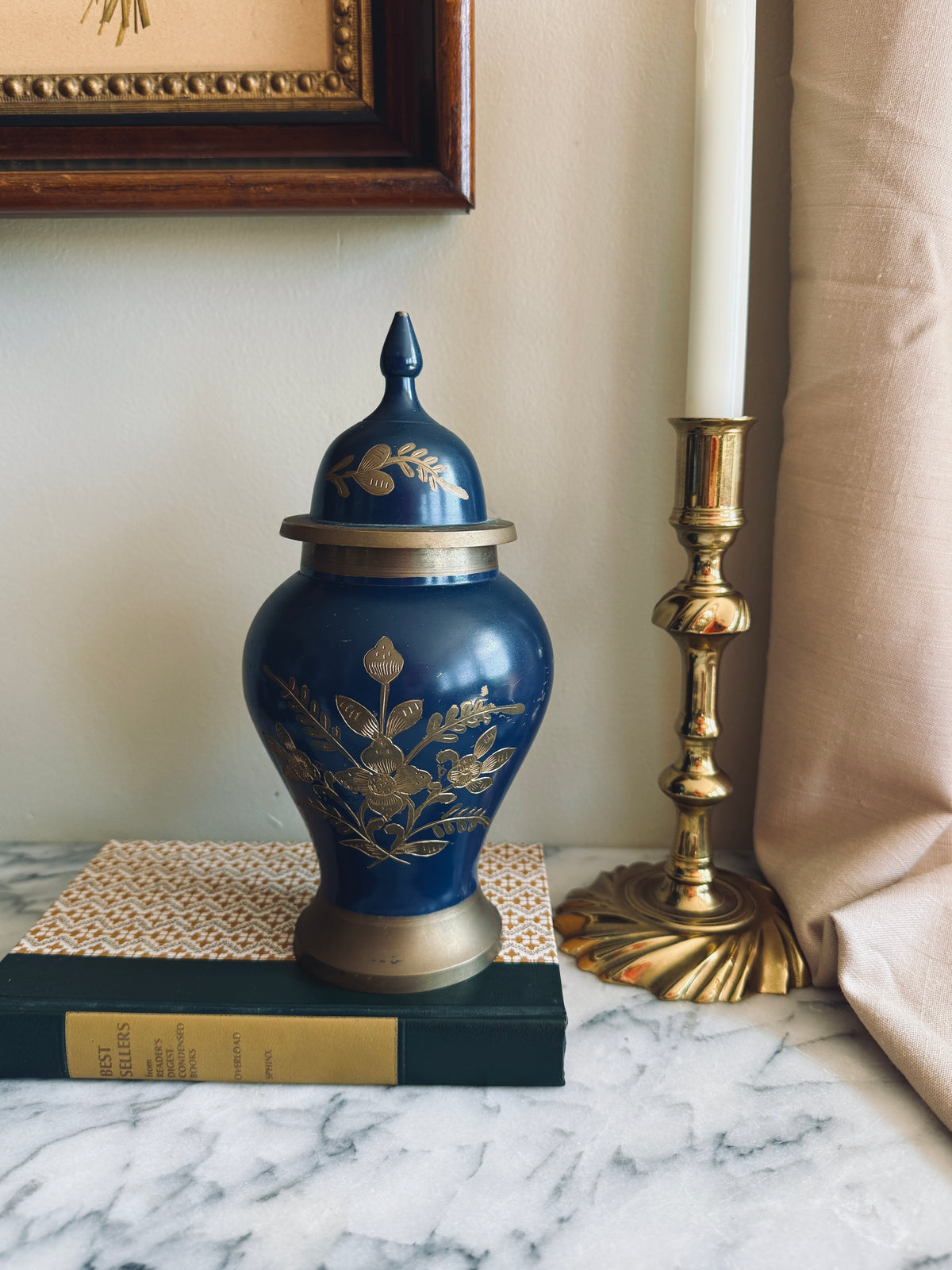 Brass and navy blue enameled urn