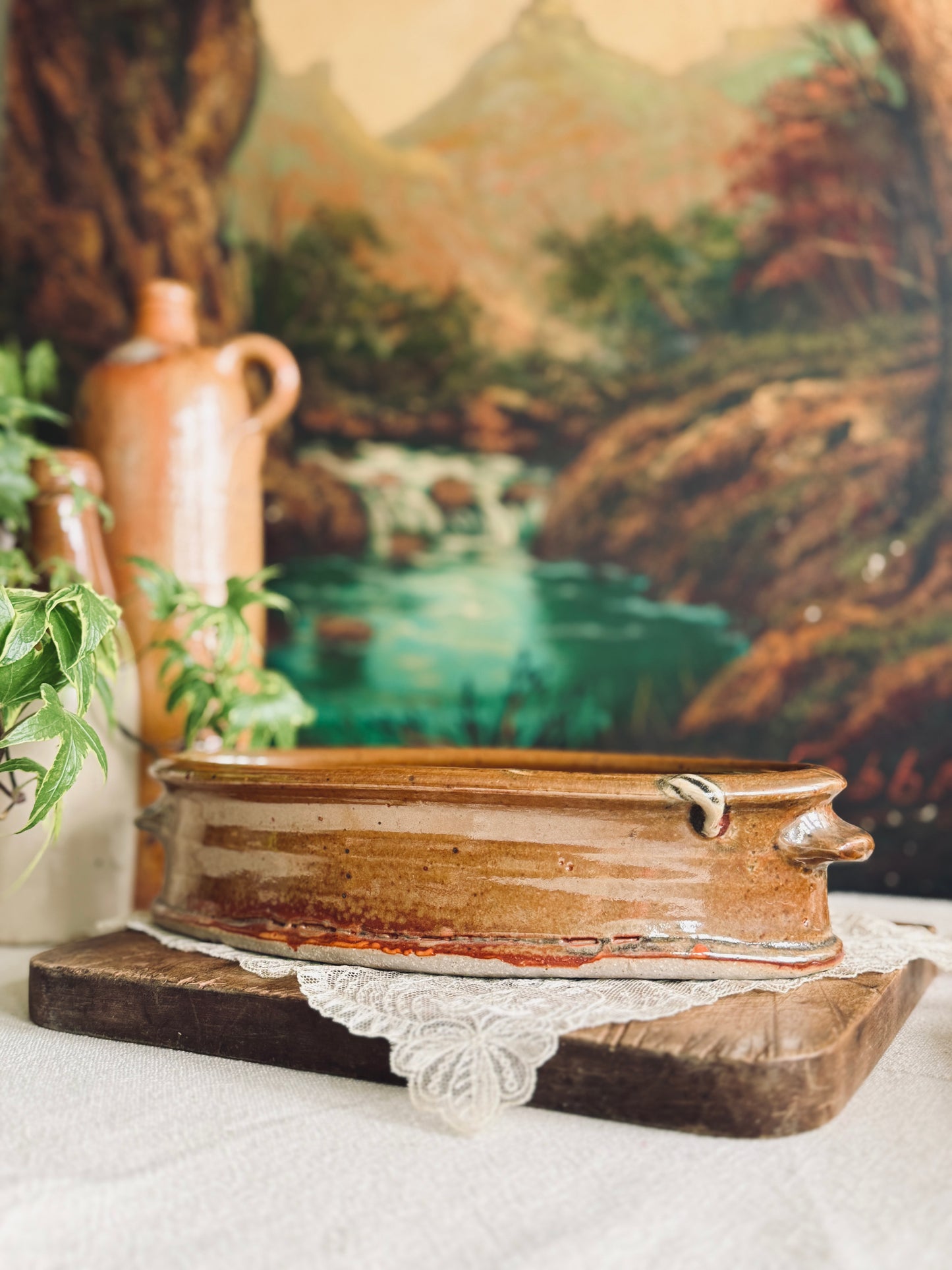 Studio pottery oval dish with handles