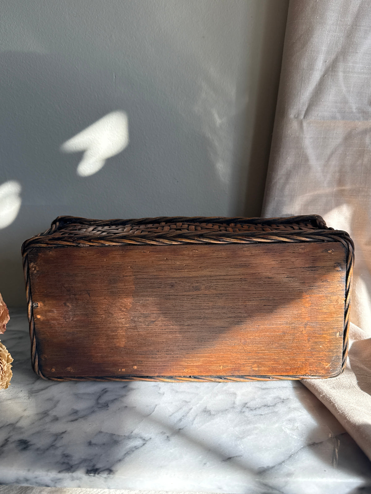 Vintage bamboo and rattan handwoven lidded basket
