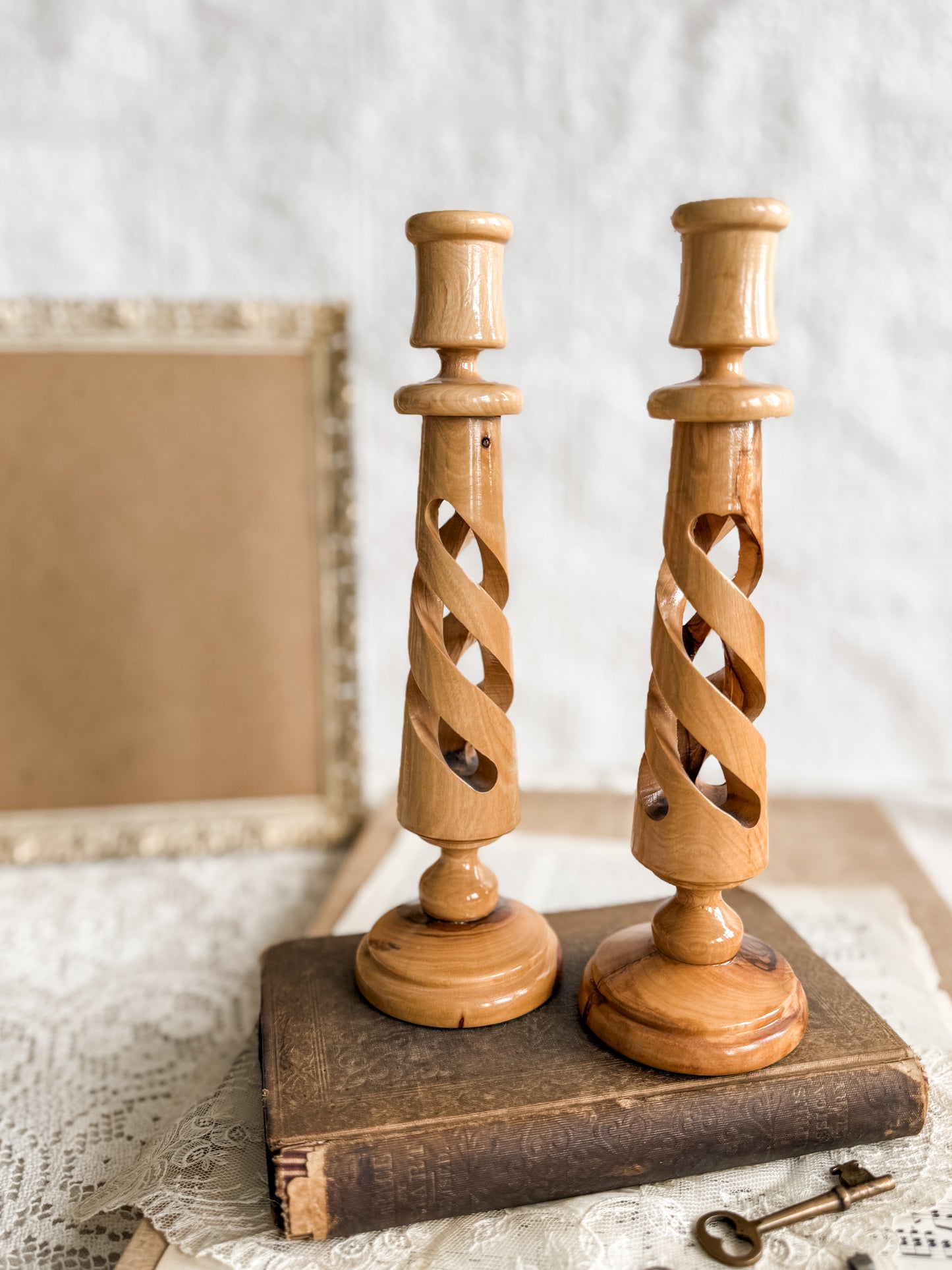 Pair of Hand Carved Olive wood Candlesticks