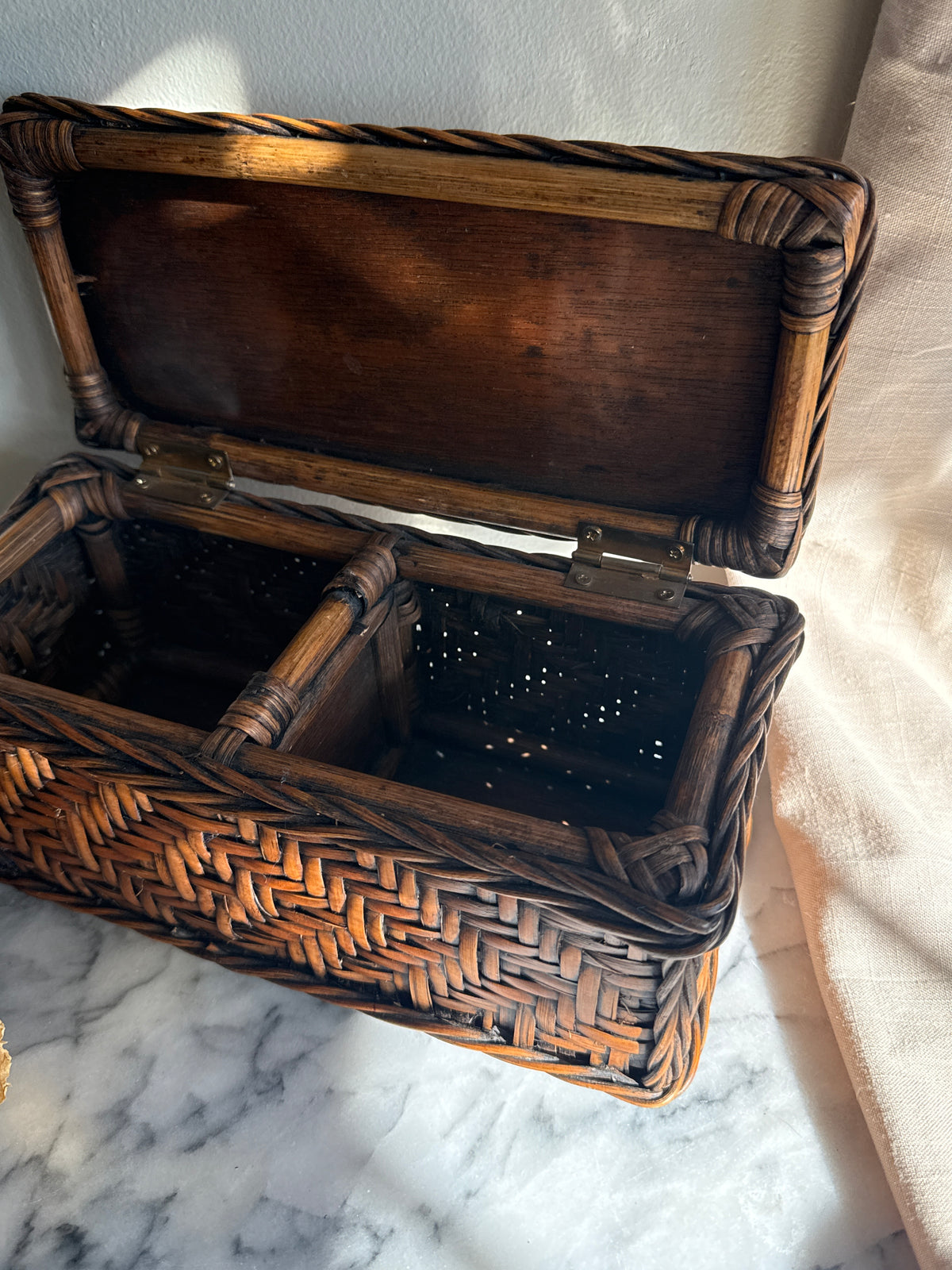 Vintage bamboo and rattan handwoven lidded basket
