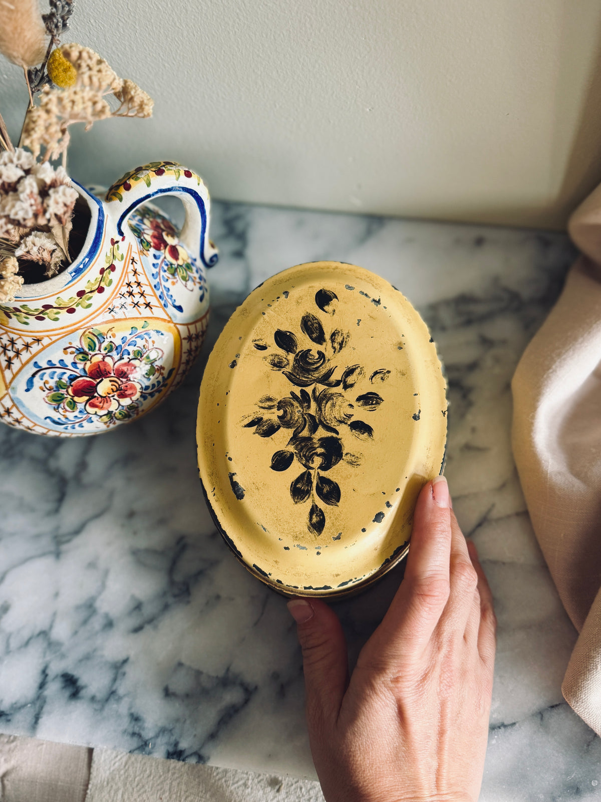 Vintage handpainted tin with roses
