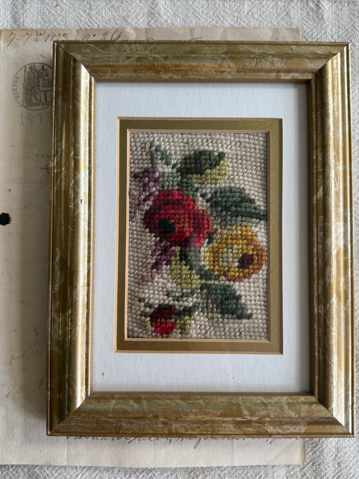 Framed floral needlepoint