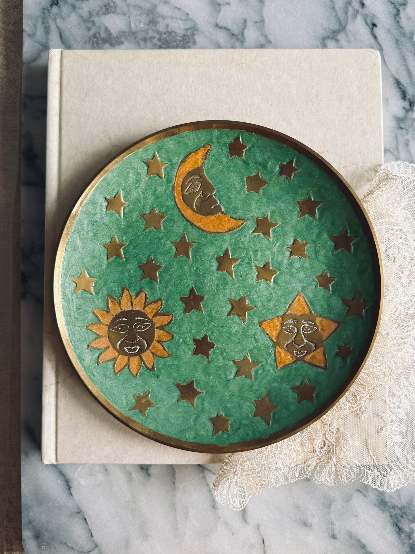 Brass and enamel celestial plate